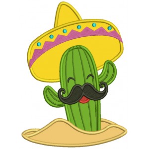 Cactus With Mustache Wearing Big Sombrero Hat Applique Cinco de Mayo Machine Embroidery Design Digitized Pattern