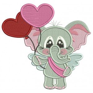 Cute Baby Elephant Holding Two Balloons Valentine's Day Filled Machine Embroidery Design Digitized Pattern