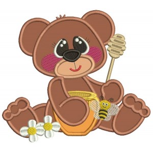 Cute Bear With Honey And a Bee Applique Machine Embroidery Design Digitized Pattern