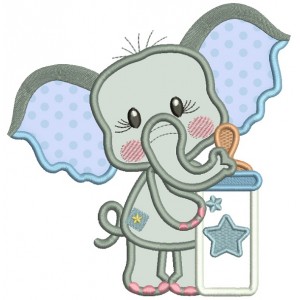 Cute Elephant With Baby Bottle Applique Machine Embroidery Design Digitized Pattern