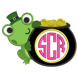 Cute Frog With a Pot Of Gold Monogram Irish St Patrick's Day Applique Machine Embroidery Design Digitized Pattern