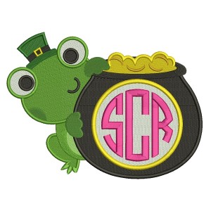 Cute Frog With a Pot Of Gold Monogram Irish St Patrick's Day Filled Machine Embroidery Design Digitized Pattern