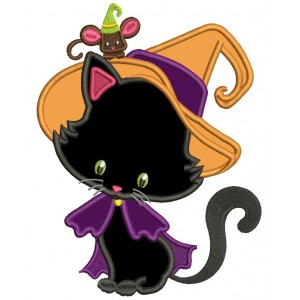 Cute Halloween Black Cat Wizard With a Big Hat and a Mouse Applique Machine Embroidery Design Digitized Pattern