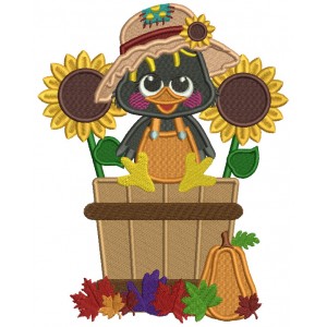 Cute Little Crow Sitting Inside Sitting Inside a Basket With Sunflowers Fall Filled Thanksgiving Machine Embroidery Design Digitized Pattern