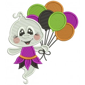Cute Little Ghost Holding Balloons Halloween Filled Machine Embroidery Design Digitized Pattern 
