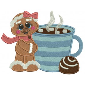 Cute Little Gingerbread Girl Standing Next To Hot Cocoa Christmas Filled Machine Embroidery Design Digitized Pattern