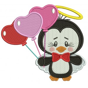 Cute Little Penguin Angel Holding Balloons Filled Machine Embroidery Design Digitized Pattern
