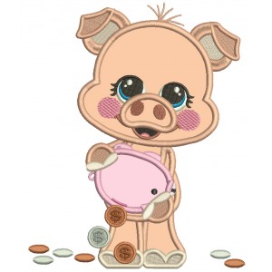 Cute Little Piggy Holding Pennies in a Piggy Bank Applique Machine Embroidery Design Digitized Pattern