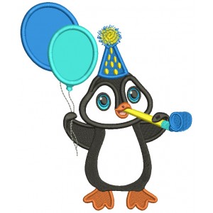Cute Penguin Holding Birthday Balloons Applique Machine Embroidery Design Digitized Pattern