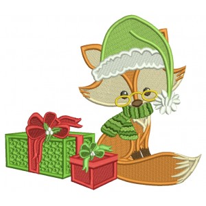 Fox Wearing Glasses WIth Christmas Presents Filled Machine Embroidery Design Digitized Pattern