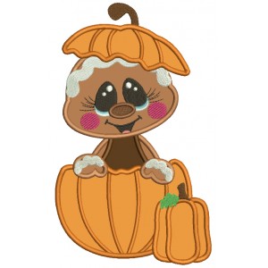 Gingerbread Man Sitting Inside a Pumpkin Applique Thanksgiving Filled Machine Embroidery Design Digitized Pattern