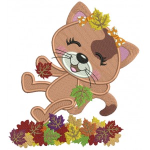Little Cat Enjoying Falling Leaves Fall Filled Thanksgiving Machine Embroidery Design Digitized Pattern