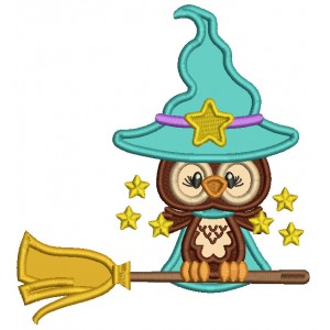 Little Owl Wizard On The Broom With Stars Applique Halloween Machine Embroidery Design Digitized Pattern