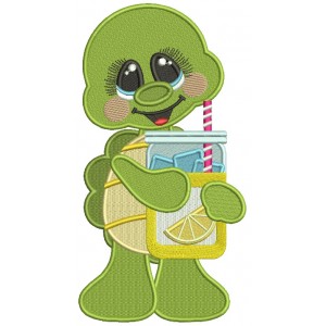 Little Turtle Holding Mason Jar With Ice Cube and Lemons Filled Machine Embroidery Design Digitized Pattern