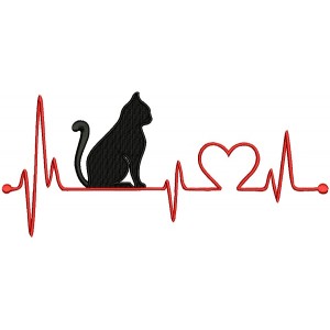 Love Cat EKG Heartbeat Filled Machine Embroidery Design Digitized Pattern