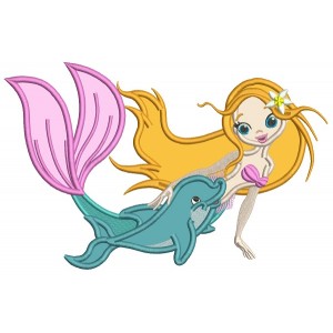 Mermaid And a Dolphin Applique Machine Embroidery Design Digitized Pattern