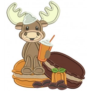 Moose Sitting on a Donut Fall Applique Thanksgiving Machine Embroidery Design Digitized Pattern
