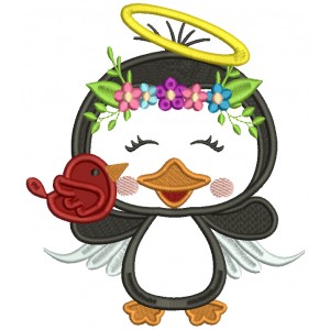 Penguin Angel Holding a BIrd Applique Christmas Machine Embroidery Design Digitized Pattern