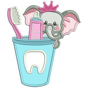 Princess Elephant Brushing Teeth Applique Machine Embroidery Design Digitized Pattern