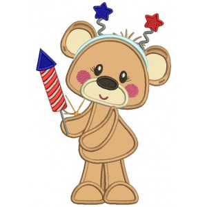 4th Of July Bear Holding Fireworks Applique Machine Embroidery Design Digitized Pattern