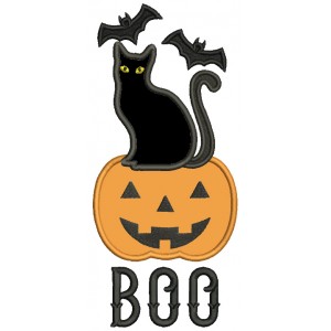 BOO Black Cat Is Sitting on a Pumpkin Halloween Applique Machine Embroidery Design Digitized Pattern