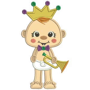 Baby Holding Trumpet Mardi Gras Applique Machine Embroidery Design Digitized Pattern