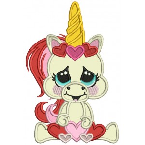 Baby Unicorn With Hearts Valentine's Day Applique Machine Embroidery Design Digitized Pattern