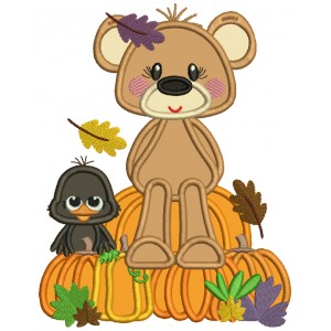 Bear And a Crow Sitting On Pumpkins Thanksgiving Applique Machine Embroidery Design Digitized Pattern