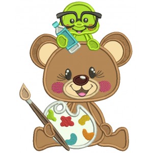 Bear Artists With a Warm Holding a Bottle Applique Machine Embroidery Design Digitized Pattern