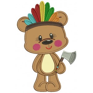 Bear Indian With a Tomahawk Thanksgiving Applique Machine Embroidery Design Digitized Pattern