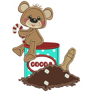 Bear Sitting On The Cocoa Holding Candy Cane Christmas Applique Machine Embroidery Design Digitized Pattern