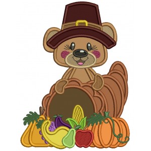 Bear Wearing Big Thankgiving Hat With Carnocopia of Fruits And Vegatables Applique Machine Embroidery Design Digitized Pattern