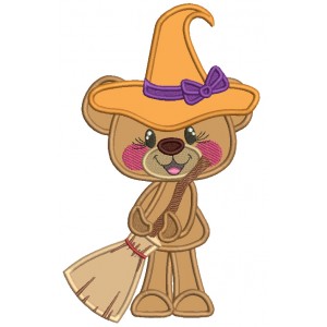 Bear Witch With a Broom Halloween Applique Machine Embroidery Design Digitized Pattern