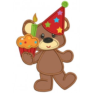 Birthday Bear With a Cupcake With Candle Applique Machine Embroidery Design Digitized Pattern