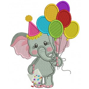 Birthday Elephant Holding Letter and Balloons Filled Machine Embroidery Design Digitized Pattern