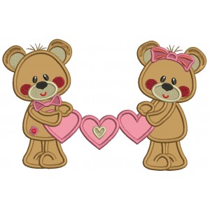 Boy And Girl Bears Holding Hearts Valentine's Day Applique Machine Embroidery Design Digitized Pattern