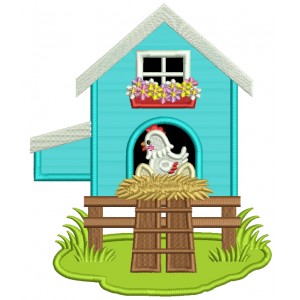 Chicken With Eggs Inside a Chicken Coop Applique Machine Embroidery Design Digitized Pattern