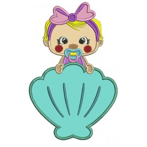 Cute Baby Behind a Shell Applique Machine Embroidery Design Digitized Pattern