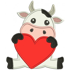 Cute Baby Bull Holding Big Heart Valentine's Day Applique Machine Embroidery Design Digitized Pattern