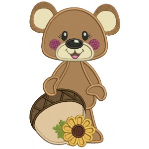 Cute Bear Holding Big Acorn Thanksgiving Applique Machine Embroidery Design Digitized Pattern