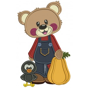 Cute Bear Holding Pumpkin With a Crow Thanksgiving Applique Machine Embroidery Design Digitized Pattern