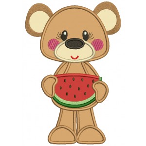 Cute Bear Holding Slice Of Watermelon Applique Machine Embroidery Design Digitized Pattern