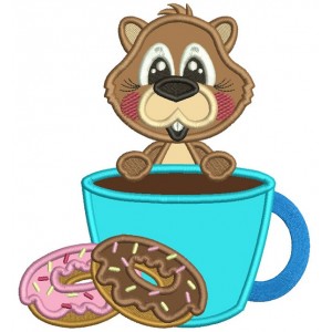Cute Beaver Eating Donuts Applique Machine Embroidery Design Digitized Pattern