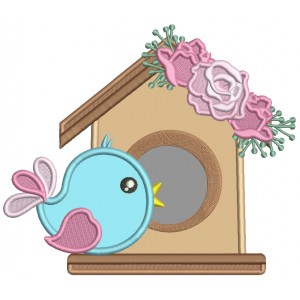 Cute Brid Next to a Bird House With Flowers Applique Machine Embroidery Design Digitized Patterny 