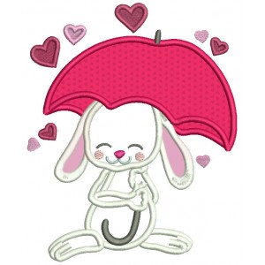 Cute Bunny Under Umbrella With Hearts Valentine's Day Applique Machine Embroidery Design Digitized Pattern