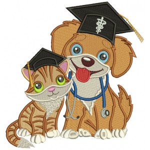 Cute Cat and Dog Wearing Graduation Caps School Filled Machine Embroidery Design Digitized Pattern