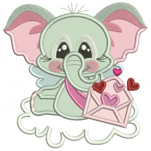 Cute Elephant Sitting On The Cloud Holding Letter Full Of Hearts Valentine's Day Applique Machine Embroidery Design Digitized Pattern