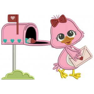 Cute Little Chick Getting Envelope With Heart Valentine's Day Applique Machine Embroidery Design Digitized Pattern