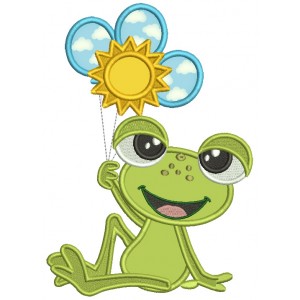 Cute Little Frog Holding Three Balloons Applique Machine Embroidery Design Digitized Pattern
