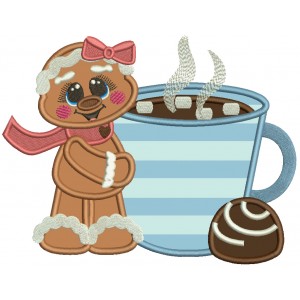 Cute Little Gingerbread Girl Standing Next To Hot Cocoa Christmas Applique Machine Embroidery Design Digitized Pattern
